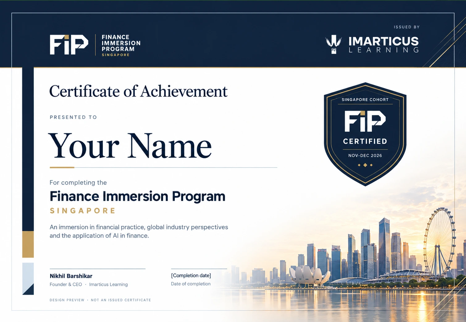 Finance Immersion Program Singapore Certificate of Achievement, issued by Imarticus Learning — design preview