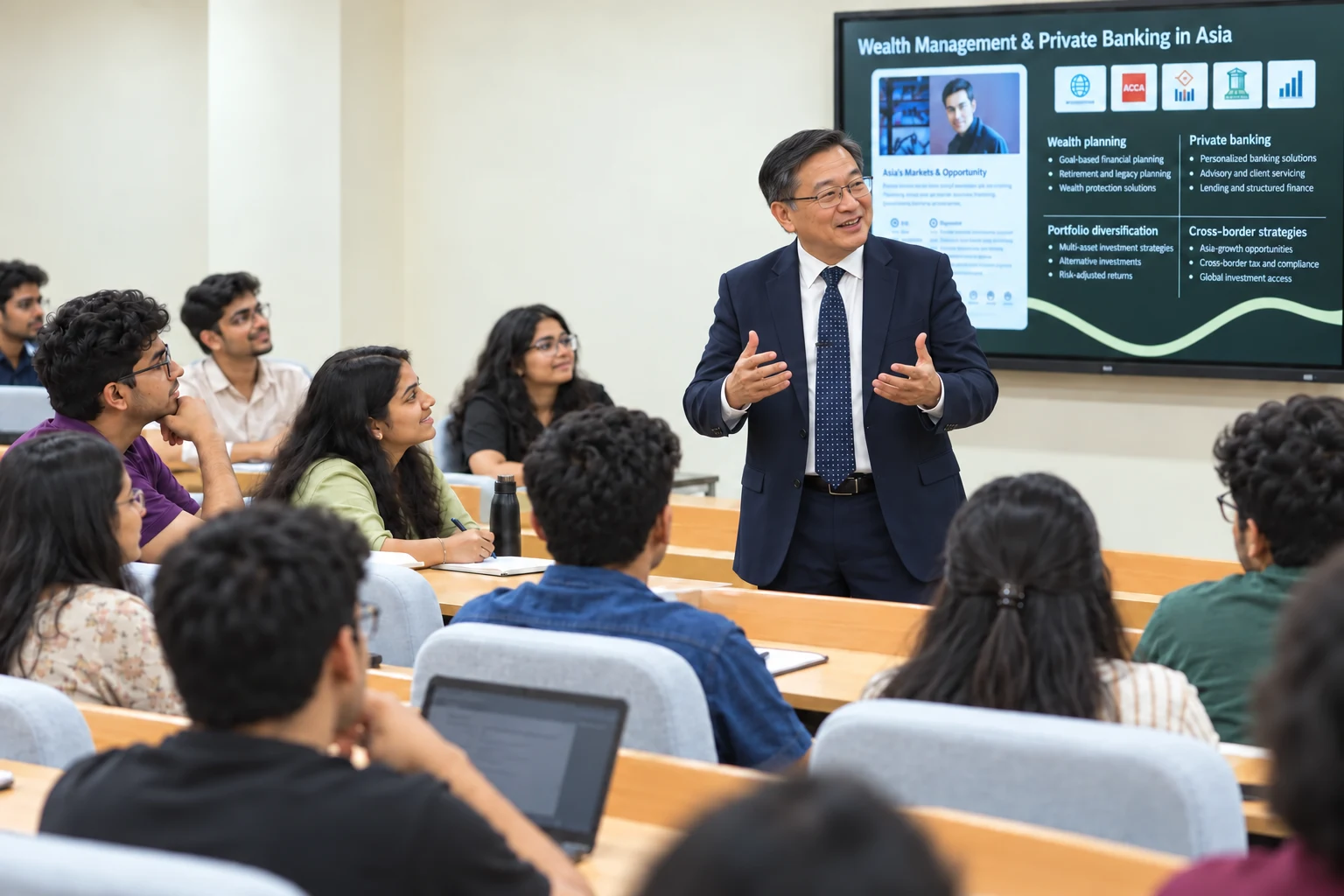 Singaporean finance instructor leading a wealth management masterclass