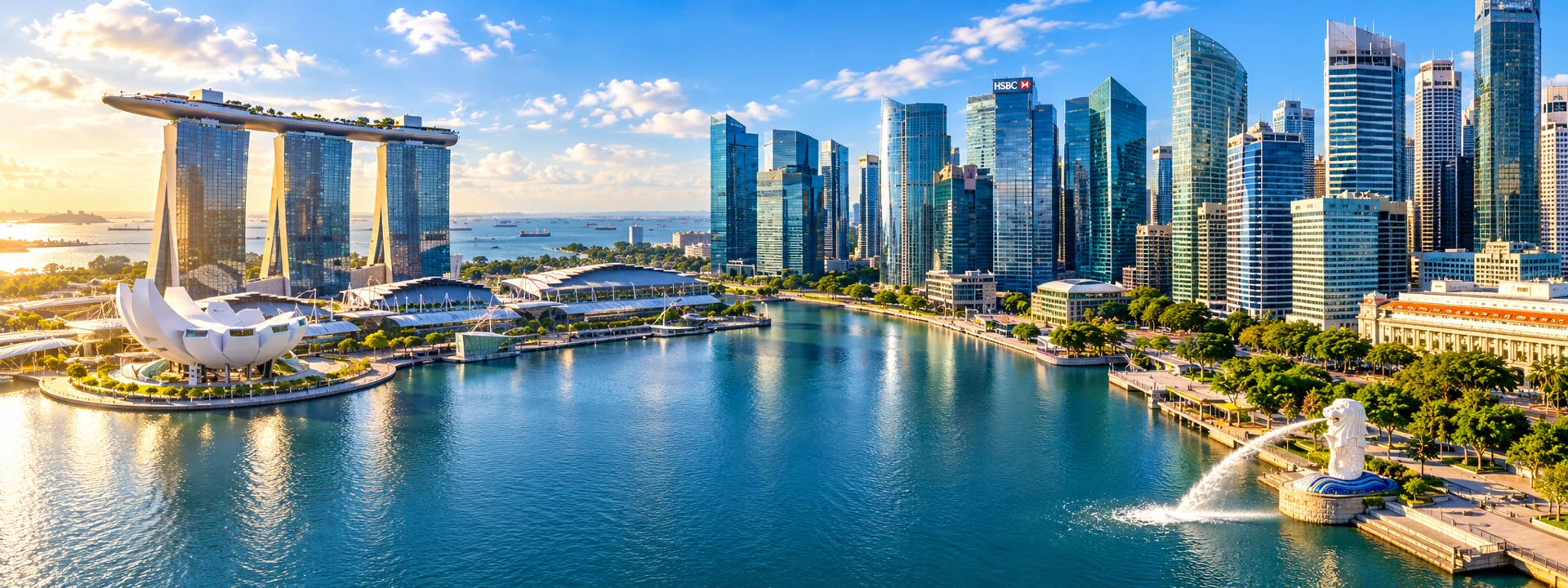 Singapore Marina Bay skyline with Marina Bay Sands and the Merlion
